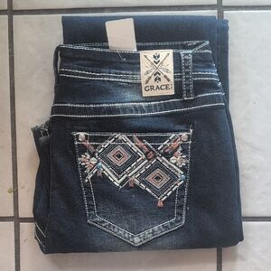 Grace Women's Dark Blue Jeans with Embroidered Pocket
